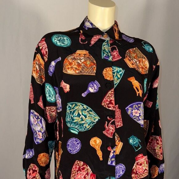 Vintage Diane Von Furstenberg Funky Print 100% Silk Button Down Shirt Small - Picture 4 of 11